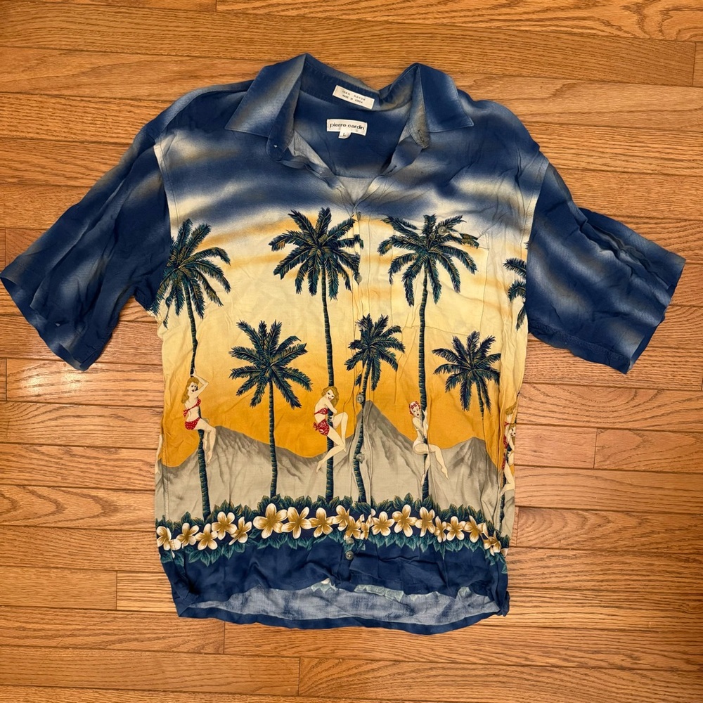 Pierre Cardin Blue and Cream Tropical Shirt with Pinup Girls on Palm Trees